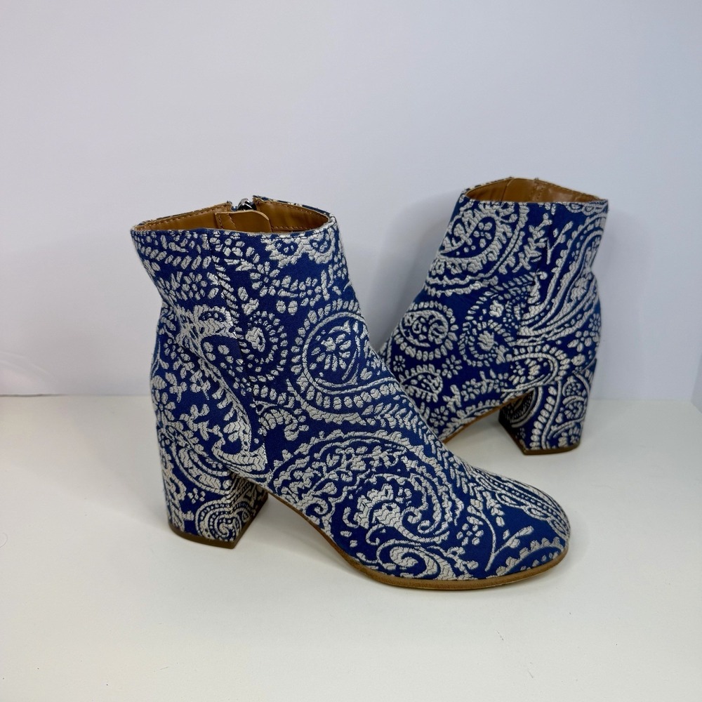 Indigo Rd Ankle Boots Paisley Fabric Blue Creme Hippie‎ Boho Side Zip Womens 8.5